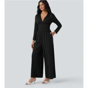 NWT Black V Neck Long Sleeve Ruched Jumpsuit with Pockets-Easy Peezy Edition M thumbnail 2