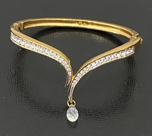 SWAROVSKI Vintage Signed Gold-tone Hinged V Bangle With Teardrop Crystal Charm thumbnail 1
