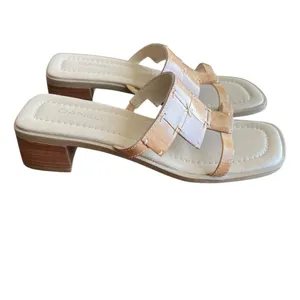Danelle Vintage Tan Leather Woven Slide Sandals Block Heel Square Toe Boho 5M thumbnail 4