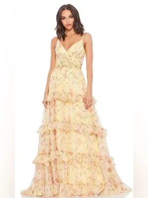 NWT Mac Duggal 67794 Yellow Tiered Floral Chiffon Gown Size 2 thumbnail 3