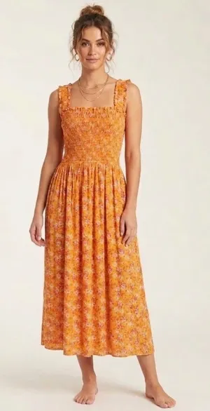 WAYF Orange Floral Smocked Midi Dress Small Ruffle Strap Lined Summer Size M thumbnail 1