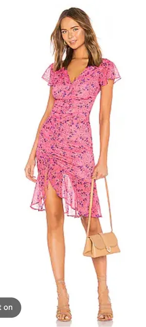 Majorelle Elaine Floral Midi Dress Women Size M Pink Excellent Ruched Ruffle Hem thumbnail 1