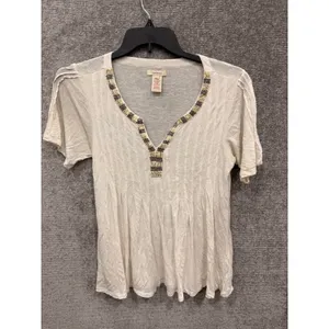 Sundance Womens Top Size S Cream Beaded V-Neck Babydoll Linen Blend Short Sleeve thumbnail 4