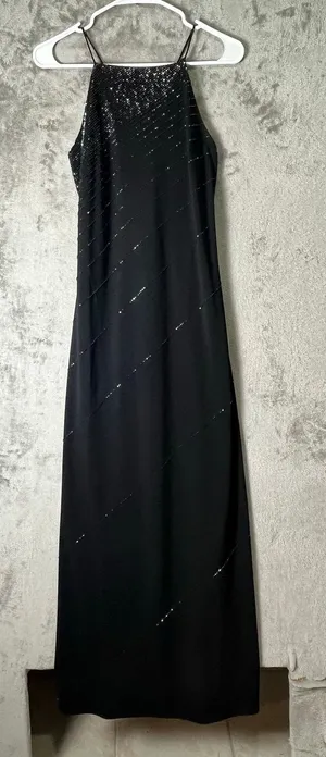 Vintage Black Beaded Sequin Halter Dress‎ Formal Evening Gown Cocktail Party SM thumbnail 1