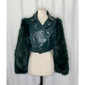 AZALEA WANG Nolla Faux Fur Arms Croc Moto Jacket Jade Green Vegan Leather Medium thumbnail 2