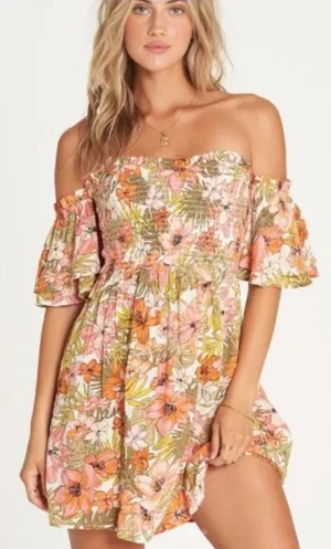Billabong Peach-Pink Floral Off-Shoulder Mini Dress Medium thumbnail 1