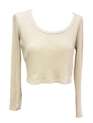 Madewell Women's Cream Waffle Knit Long Sleeve Crop Top Size L thumbnail 1