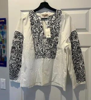 Tory Burch White and Black Embroidered Long Sleeve Top Size thumbnail 1