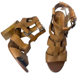 Aldo Strappy Gladiator Stacked Block Heel Leather Sandals Cognac Sz 9 thumbnail 1