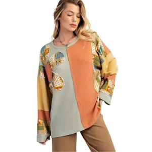 Easel Daisy Patchwork Top Multicolor Boho Waffle Knit Long Sleeve Women‎ Small thumbnail 3
