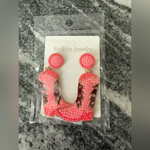 Beaded Cowgirl Boot Glitter Rhinestone Western Vibrant Pink Beaded Earrings thumbnail 3