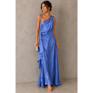 Adrianna Papell Women Gown 6 Blue Satin Crepe One Shoulder Ruffle Side Slit thumbnail 10