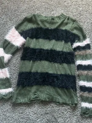 Women’s Olive Green Striped Fuzzy Knit Sweater thumbnail 2