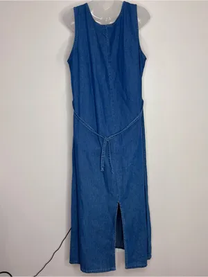 Vintage Denim Long Maxi Dress Blue Gold floral Embroidery 90s medium 100% Cotton thumbnail 2