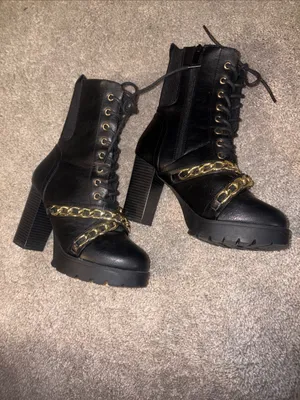 Forever Black Lace-Up Combat Boots with Gold Chain Accent size 7 thumbnail 6
