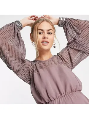 NEW ASOS DESIGN midi dress with linear yoke embellishment in mauve US 4 thumbnail 2