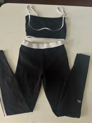 Alo Yoga airbrush black leggings and top with white side stripe set thumbnail 1