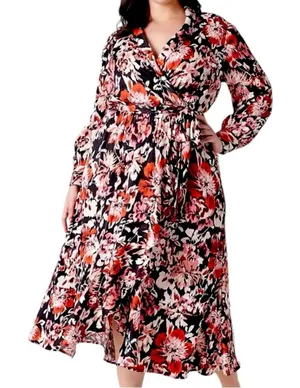 Lane Bryant Maxi Dress Faux Wrap Shawl Black Pink Floral Satin Women’s Size 18 thumbnail 1