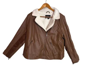 Torrid Sherpa Lined Moto Jacket Size 1X Brown Faux Leather Biker Fall Outerwear thumbnail 1