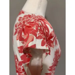 Ann Taylor Women's Sz Med Red White Floral Print Short Sleeve Draped V-Neck Top thumbnail 6