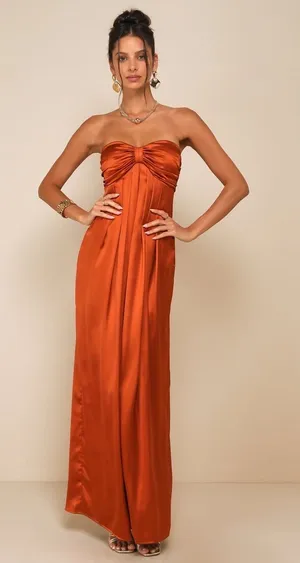 NWT Lulus Memorable Entrance Rust Orange Strapless Satin Maxi Dress Bridesmaid M thumbnail 1