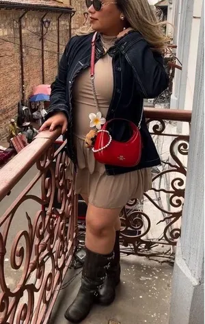 Brown mini dress bubble style layered skirt mock neck fall style short neutral dress thumbnail 2