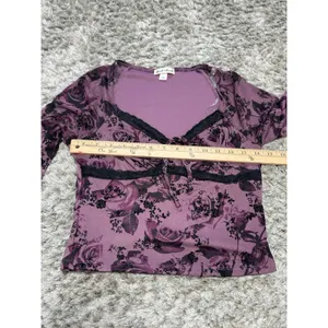Derek Heart Y2K Purple Mesh Floral Lace Trim Long Sleeve Crop Top Grunge Blouse Women’s M thumbnail 12