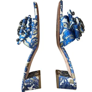 Tory Burch‎ Valentina Brocade Crystal Bow Slide Sandals Blue Gold 8 thumbnail 6