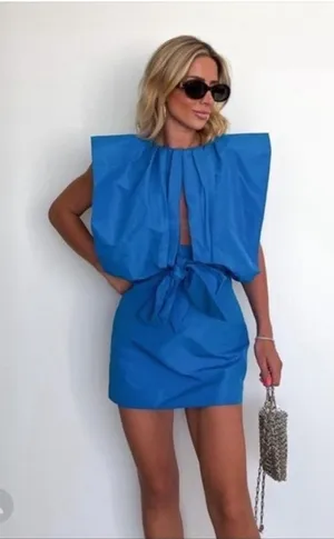Zara Electric Blue Pleated Cape Tie-Front Mini Dress thumbnail 1