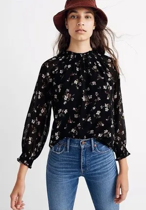 Madewell XL Black Floral Smocked Mock Neck Long Sleeve Blouse Romantic thumbnail 1
