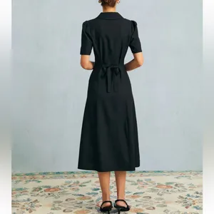 Rihoas The Black V Neck Button Puff Sleeve Midi Dress thumbnail 3