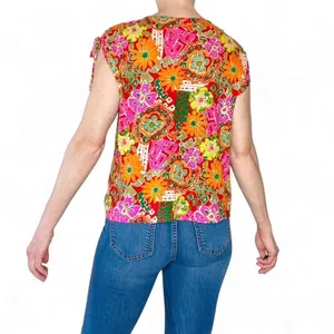 Nicole Miller Colorful Floral Abstract Linen Casual T-Shirt thumbnail 6