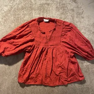 Universal Threads Blouse Womens Large Puff Sleeve Embroidered Burnt Orange Red thumbnail 1