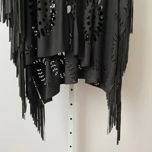 Whimsigoth Faux Suede Boho Western Witchy Laser Cut Fringe Shawl Kimono OS Black thumbnail 3