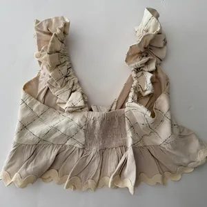 Anthropologie Raissa Tie Front Crop Top Small Cream Linen Check Ruffle Hem Boho thumbnail 7