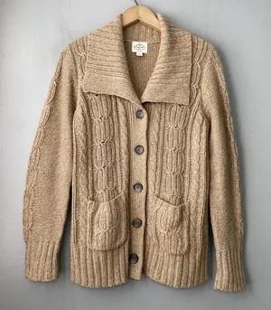 Y2K Cable Knit Cardigan Size Large Tan Button Sweater Pockets Chunky Academia thumbnail 1