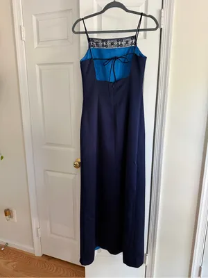 Vintage Y2K Alex Evenings Navy Satin Lace Sequin Open Back Maxi Dress Size 6 thumbnail 8