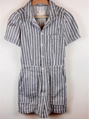 Pilcro Anthropologie The Kit Utility Romper Size 12 Blue White Stripe Cotton thumbnail 2