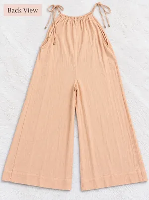 Free People Peach Blush Wide Leg Wrap Overlay Jumpsuit Medium Cotton Gauze Tie thumbnail 1