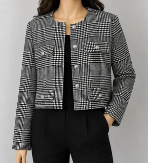 H&M Womens Jacket Houndstooth Cropped Silver Crest Button Black‎ White M thumbnail 1
