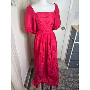 VTG 80s Romantic Red Taffeta Party Dress Puff Sleeve Square Neck Maxi Prom Gown thumbnail 3
