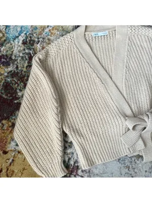 Zara NWT chunky knit sweater Cozy Cream Tie-Waist Sweater thumbnail 7