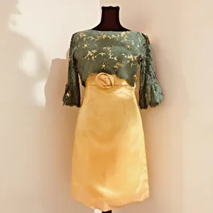 UNBRANDED Hand-Made Vintage 60s Green Lace Yellow Satin Beaded Fitted Dress XXS thumbnail 2