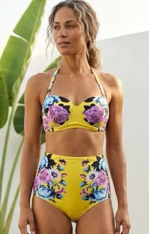 Vintage Retro High Waisted Bikini Set Floral Yellow Purple Rose Tropical Pinup L thumbnail 1