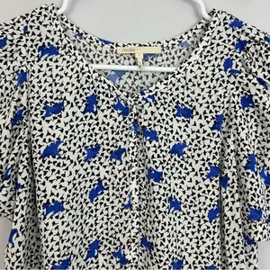 MAJE Lensam Floral Leaf Blue/White V-neck Short Puff Shoulder Blouse Size Small thumbnail 8
