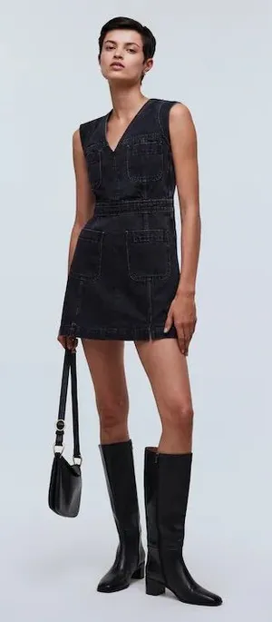 Madewell Denim Cap-Sleeve‎ Mini Dress in Tarrybrook Wash Black V-Neck NWT Size 4 thumbnail 1