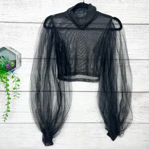 Sheer Black Sparkle Mesh Long Tulle Sleeve Crop Top Size Small thumbnail 9