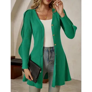 NEW Puff Long Sleeve Sweater Mini Dress Casual Button Down Ribbed L thumbnail 7