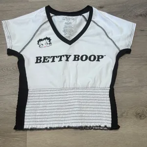 Betty‎ Boop Fleischer Studios White Black Smocked Ringer V-Neck Graphic Top M thumbnail 1
