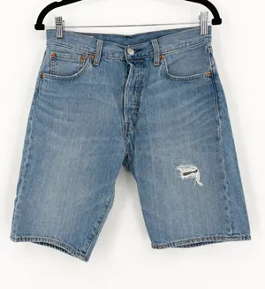 Levi's 501 Bermuda Shorts Womens Sz 30 Blue Distressed Button Fly Denim Classic‎ thumbnail 1